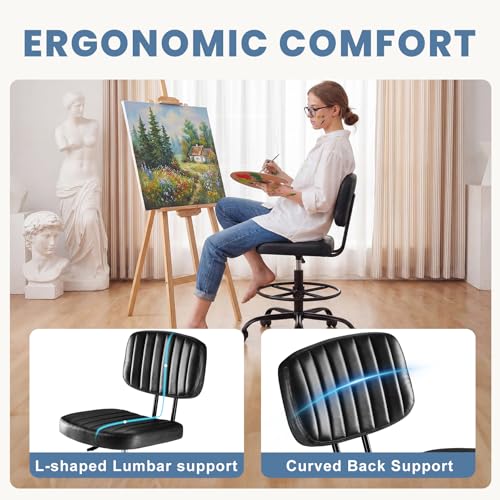 Image of DUMOS Armless Drafting Chair, Low Back Office Seat with Adjustable Footrest Ring for Standing Desk, Ergonomic PU Leather Office Seating, Swivel Rolling High Stool for Studio, Lab, Counter, Black