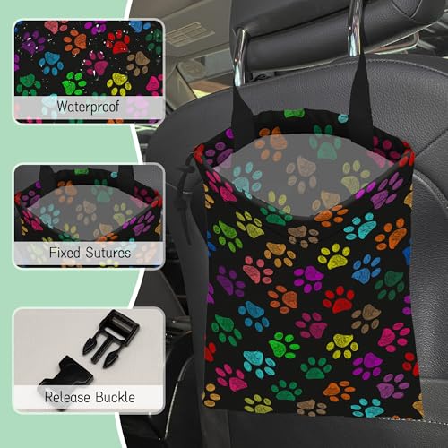 Image of Colorful Paw Prints Car Trash Bag,Hanging Drawstring Car Garbage Bag,Waterproof Canvas Car Back Seat Organizer with Adjustable Buckle,for Vehicles,SUVs,Camping,Road Trips