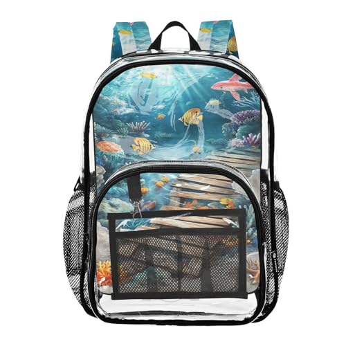 3d Creative Floor Painting Ocean Clear Backpack High School Clear Book Bag For Girls Transparent Seethrough PVC Backpack
