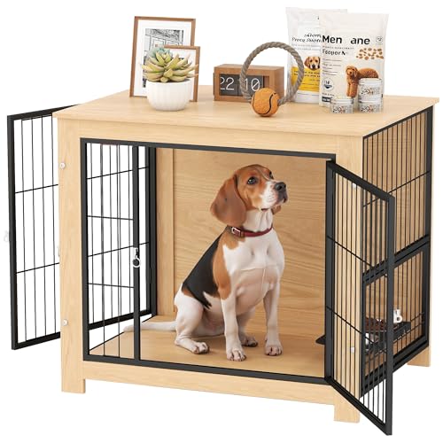 PawHut Hundezwinger Moderner Beistelltisch Haustierhaus mit 2 Türen Schwenkbarer Ständer mit 2 Näpfen und Stahlrahmen für mittlere Hunde 80x60x68 cm Eiche