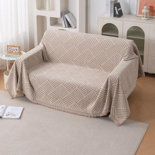 Image of HOKIPO 320 GSM Chenille Sofa Throw Blanket for 2 Seater Sofa - Printed All-Season Sofa Cover, 'Serene Abode Series' Beige Geo Weave (180x250 cm) (AR-6632-D7)