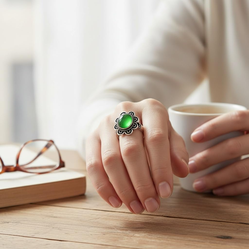 Retro Cosmo Flower Mood Ring, S925 Sterling Silver, Temperature Color Changing, Thermochromic Stone, Boho Ethnic Statement Ring for Women