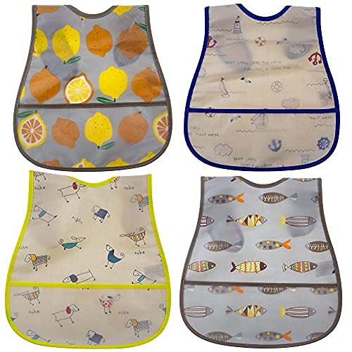 Baby Waterproof toddler bib with Crumb Catcher Pocketï¼ Comfortable Soft Adjustable Snaps Feeding Bibs For Infants and Toddlers â¦