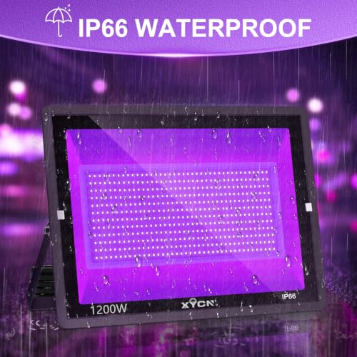 Image of XYCN 2 Pack 1200W LED Black Flood Lights, 395nm to 410nm Blacklight with Plug,Outdoor IP66 Waterproof for Glow in The Dark, Dance Party, Body Paint,Stage Lighting,Fluorescent Poster,Neon Glow