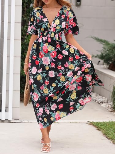 Image of Flessibili Womens Short Sleeve Floral Maxi Dresses 2026 Spring Wedding Guest Party Summer Dress Black Floral X-Large