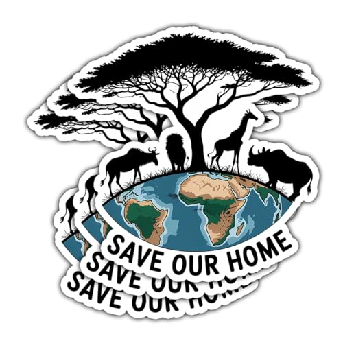 3 Pcs Save Our Home Sticker Pack, Wildlife Conservation Vinyl Decal with Earth Africa Safari Animals Tree Design for Laptop Water Bottle Car Bumper Notebook Hydroflask Environmental Awareness Gift