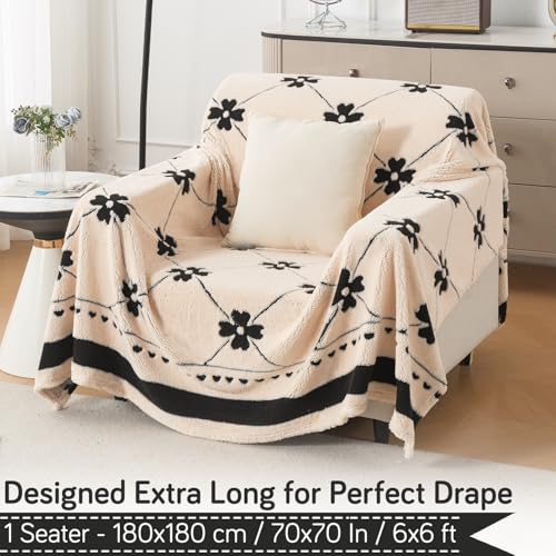Image of HOKIPO Plush Sherpa Sofa Cover for 1 Seater Sofa | Thick Cozy Washable Sofa Throw | Full Protection Sofa Cover, 'Noirea Series' Floral Lattice (180x180 cm) (AR-6651-D4)