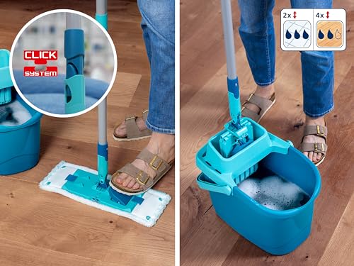 Leifheit Set Power CLEAN, rückenschonender Bodenwischer mit Reinigungsklingen und Wischtuchpresse, Wischmopp Set mit Eimer und 2X Mikrofaser Wischbezüge für alle Hartböden, Click-System – Bild 6