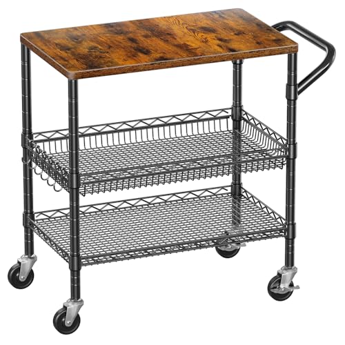 WDT 3 Tier Rolling Carts with Wheels, Heavy Duty Rolling Utility Cart with Wood Tabletop, Commercial Grade Metal Cart with Handle and Hooks, NSF Storage Serving Carts for Kitchen Island, Wood+Metal