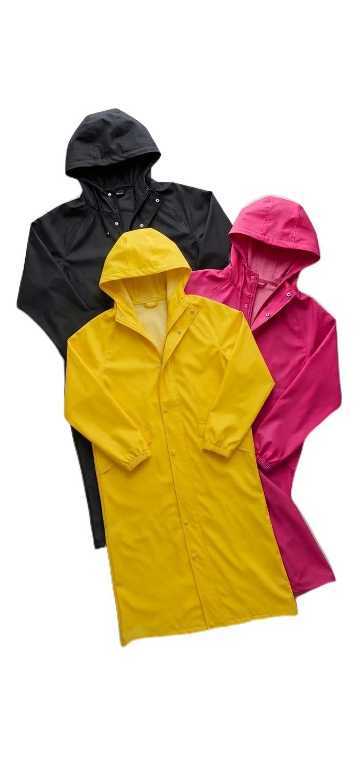 Long Hooded Raincoat with Snap Buttons, Black/Pink/Yellow-image-8