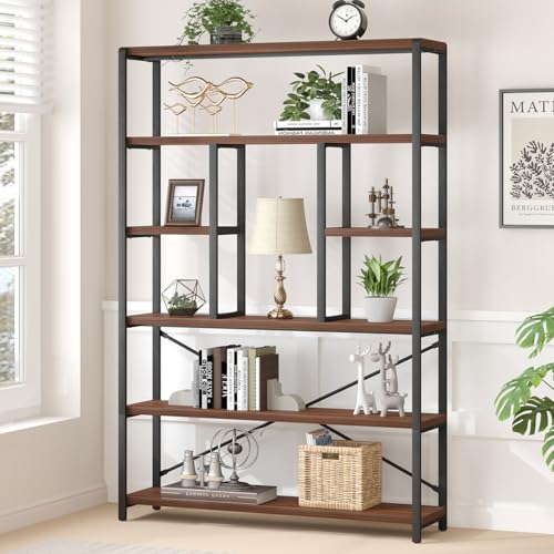 LVB 6 Tier Tall Bookshelf, Wood Metal Bookcases and Book