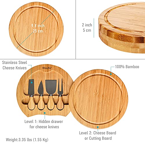 Bambus Käsebrett mit Käsemesser Set – 25cm Rund Servierplatte aus Holz für Käse und Häppchen – Cheese...