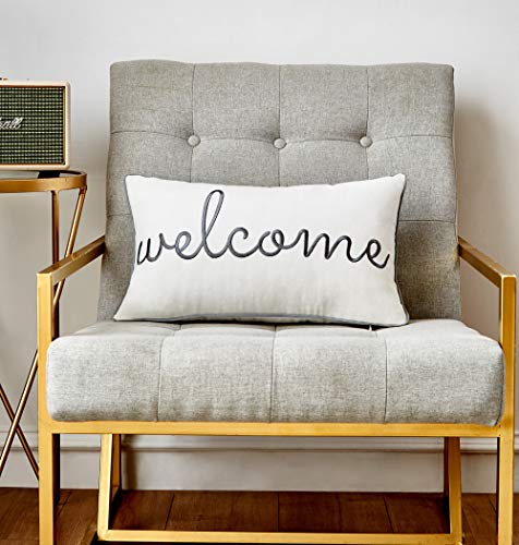 Sanmetexr Decorative Lumbar Pillow Covers 12x20 Inches, Soft Rectangle Pillow Case, Decor Embroidered Accent Cushion Cover with Welcome Saying for Guestroom,Bedroom. (Color White and Grey)