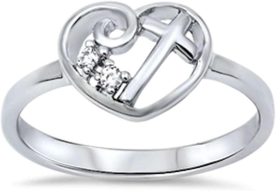 CloseoutWarehouse Clear Cubic Zirconia Open Heart Cross Ring Sterling Silver