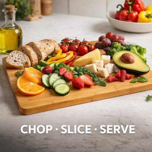 Image of Large Bamboo Wood Chopping Board 34 x 24 cm | Eco Friendly BPA Free Cutting Board for Vegetables Fruits Cheese & Meat | Durable Anti Microbial Kitchen Board | Easy to Clean & Knife Friendly