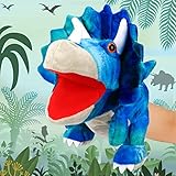 Cuteoy Plush Triceratops Hand Puppet Stuffed Animal Toy Open Movable Mouth Creative Role Play Storytelling Dinosaur Plushies Gifts for Kids Toddlers Birthday Christmas