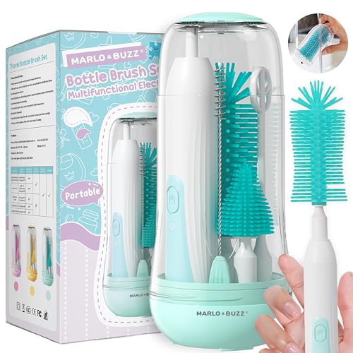 Image of Marlo & Buzz Electric Baby Bottle Cleaner Set, Rechargeable Waterproof Silicone Brushes With Large Bottle, Nipple, Straw Brush, Milk Stirrer, Drying Rack (Green)