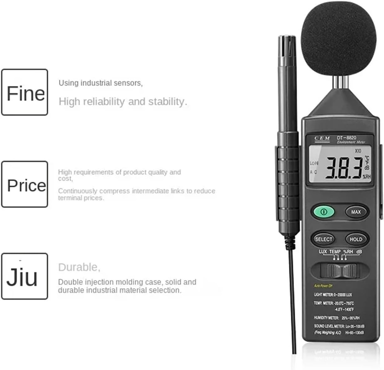 UOFKIPBA DT-8820 Multifunctional Environmental Tester with feature callouts for reliability, cost, and durability