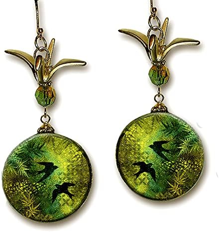 Asian Origami Bird Earrings - Two Sided Shimmerz Glass Art Earrings - Voyageur Collection - Asian Jade Origami Bird Kimono Earrings