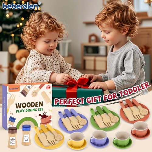 Image of Wooden Play Dishes and Plates for Kids Kitchen Set Accessories