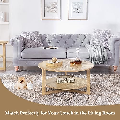 Ds-Homeport Round Coffee Tables Living Room With Storage, Wood Circle Coffee Table Suit For Farmhouse And Bedroom, Natural Wood #TOP6