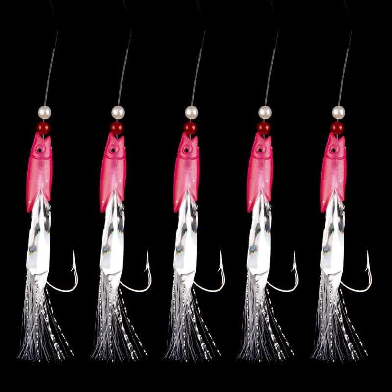 Serenophile 5-Pack for sabiki Rig Fishing Lures with 6 Hooks, Red White Foil Flash Beads, High-Carbon Steel for Mackerel Herring for deep sea Fishing Tackle