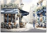 Modern Framed Street View Wall Art European Coffee Shop Canvas Print, Contemporary City Scene Painting, Vintage Cafe Artwork for Kitchen Dining Room Living Room, Bedroom Home Decor, Multi Size