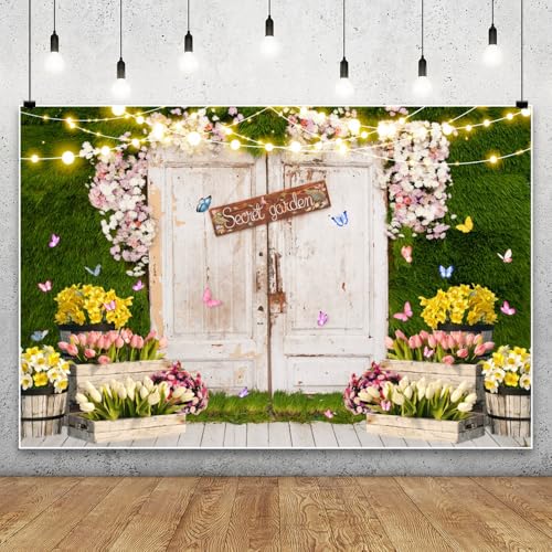 Renaiss 3x2.5m Fond Photographique Jardin Doux Toile de Fond Printemps Herbe Mur Porte en Bois Fleurs Décor de fête d'anniversaire de Pâques Portraits d'enfants en Vinyle