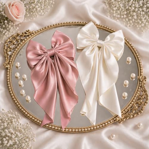 Image of 2 Pack Off White and Pink - Bows for Women, Clips for Womens - Hair Clips for Womens - Luxury Satin Hair Bow Clips for Women and Girls, Cute Hair Accessories for Girls