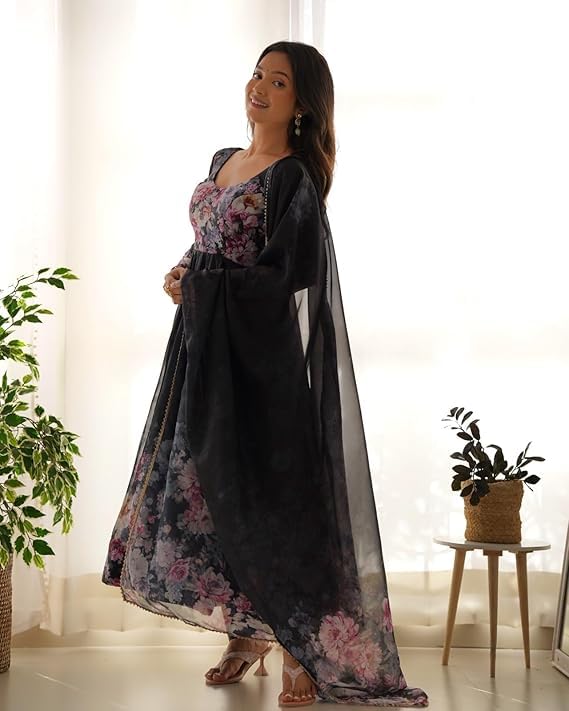 Image of KD Women's Floral Printed Georgette Anarkali Kurta Set With Dupatta, Traditional Salwar Suit, Long Sleeve Ethnic Dress