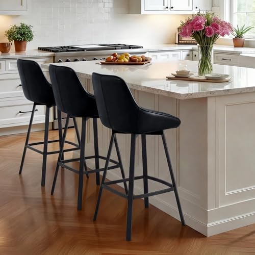 Image of Zesthouse Swivel Counter Height Stools Set of 3, Modern Upholstered Barstools with Backs, 26'' Faux Leather High Chairs for Island Kitchen, Counter Height Chairs with Metal Legs, Black