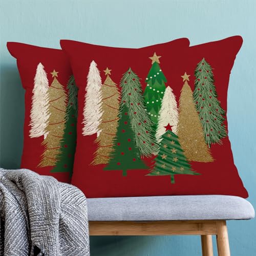 AEIOAE Christmas Pillow Covers 16x16 Inch Set of 2 Colorful Christmas Tree Throw Pillows Case, Stars Holiday Outdoor Decorative Farmhouse Winter Red Decor Cushion Covers for Home Sofa Bed Couch by AEIOAE - Image 2