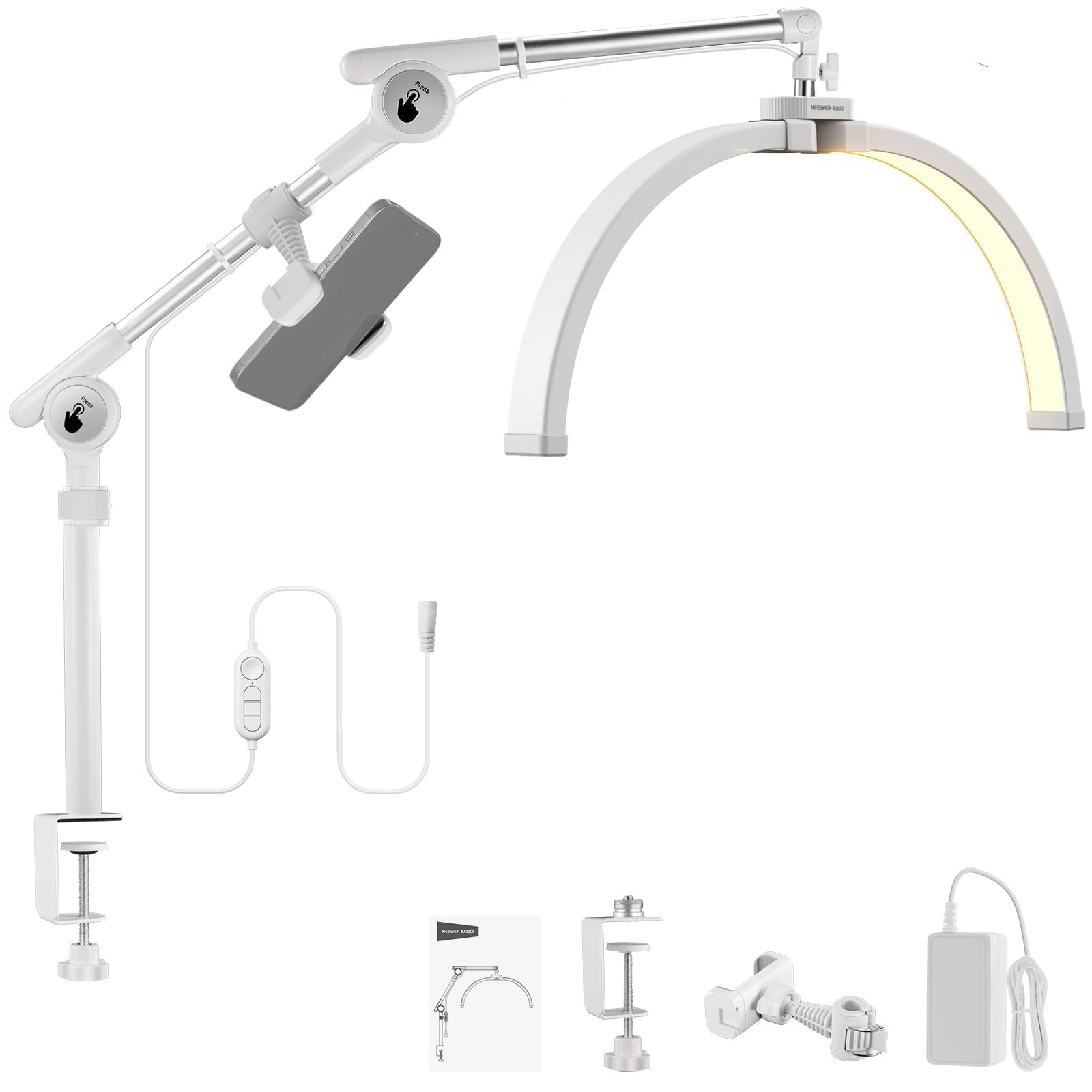 NEEWER Basics HM03-D lampa do paznokci z półksiężycem z ruchomym zaciskiem stołowym i stojakiem/uchwytem na telefon komórkowy, 30 W, składana lampa stołowa LED do makijażu, zabiegów kosmetycznych