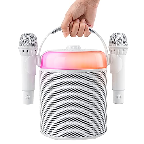 Karaoke Machine for Kids, HOT2GO Bluetooth Speaker with 2 Wireless Microphones, 5 Magic Voice Modes, 5 Connected Ways, LED Lights Effect for Home and Party Used, Birthday Ideas
