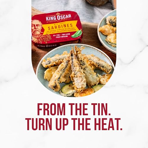 Image of King Oscar Wild Caught Brisling Sardines in Extra Virgin Olive Oil with Jalapeno Peppers, 3.75 oz Cans, Pack of 12, Spicy Tinned Fish