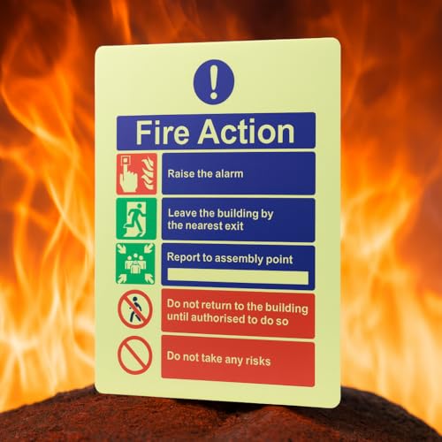Image of 3 Pack Glow in The Dark Fire Action Signs 200x150mm – Self Adhesive Peel and Stick Safety Signage for Offices, Schools, Flats, Exit Points – Luminous PVC Emergency Notice Wall Stickers