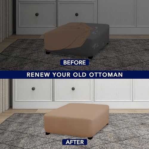 Image of PureFit Super Stretch Form Fit Square Ottoman Cover Rectangle - Ottoman Slipcovers for Foot Stool & Folding Storage Furniture for Living Room with Nonslip Elastic Bottom (Medium-XL, Camel)