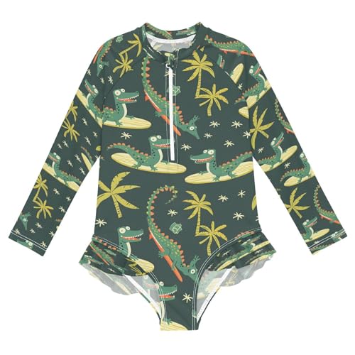 Crocodile Surfer Cartoon Girls Long Sleeve Swimsuits One Piece Zipper Bathing Suit UPF 50+ Rashguard Swimwear