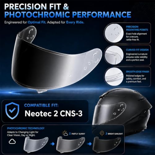 Image of PSLER Photochromic Shatterproof Motorcycle Helmet Visor for Neotec 2 CNS-3 | Impact-Resistant ,UV400 Protection, Motorcycle Tinted Face Shield for Neotec 2 CNS-3,Visor Replacement