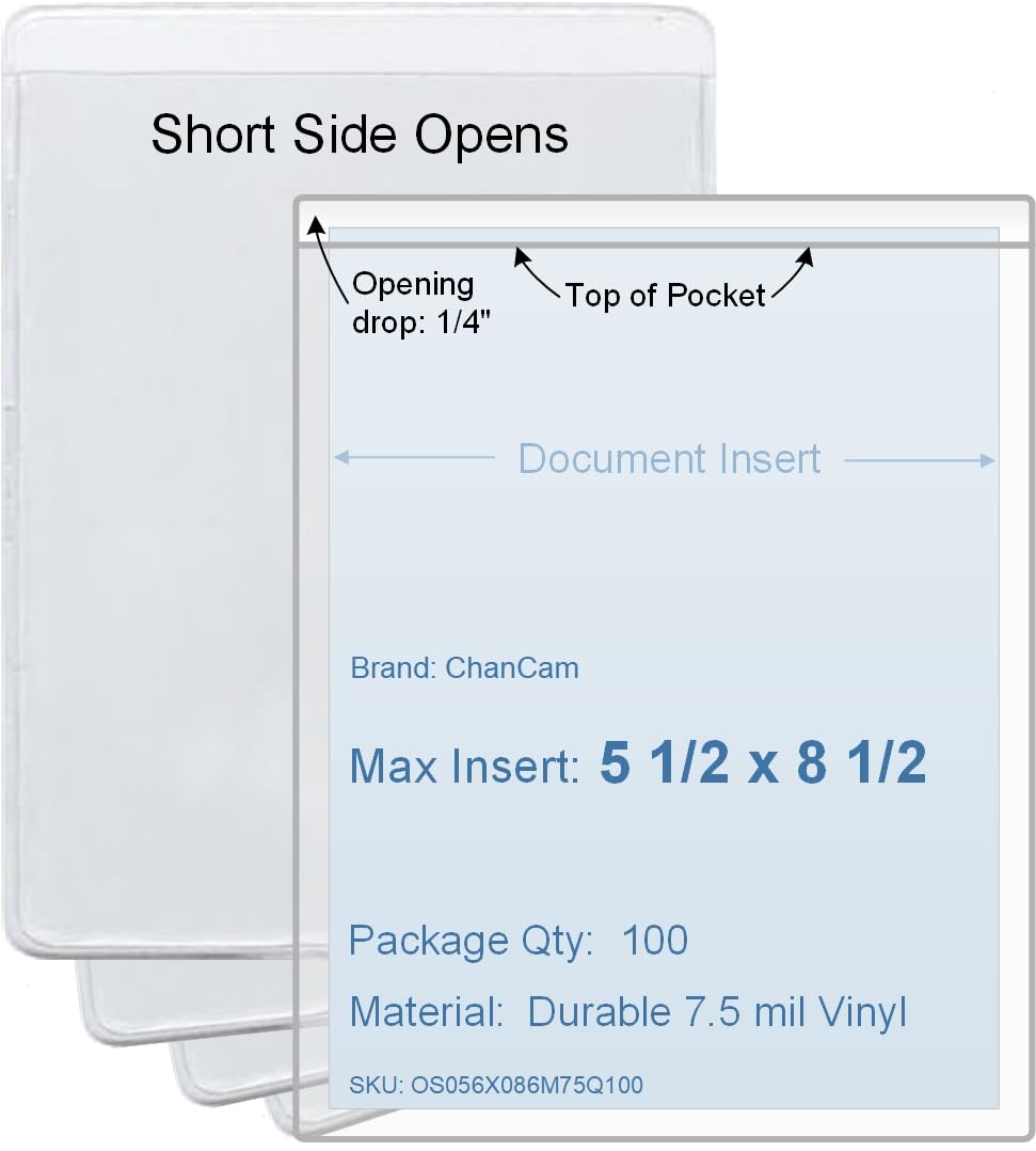 5 1/2 x 8 1/2 Vinyl Plastic Sleeve, Set of 100, Short Side Opening, Durable 7.5 mil Crystal Clear Vinyl