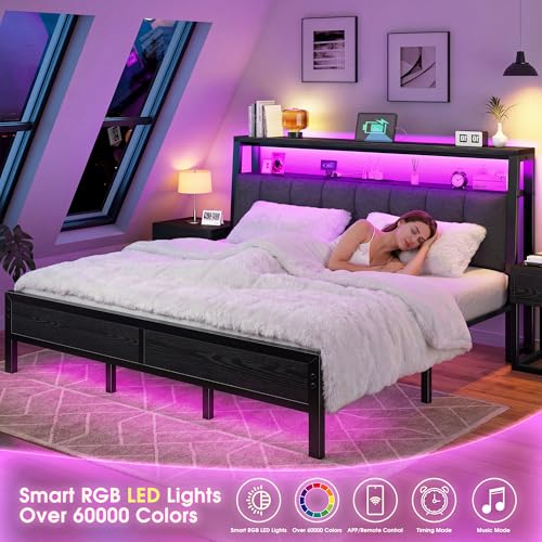 Image of Homkdom King Bed Frame,Upholstered Storage Headboard,Charging Station,Black | LED Linghts, 12 inch Under-Bed Storage,2 Three-prong Outlet&2 USB, Noise-Free, Quick Assembly, Supports up to 1100 lbs