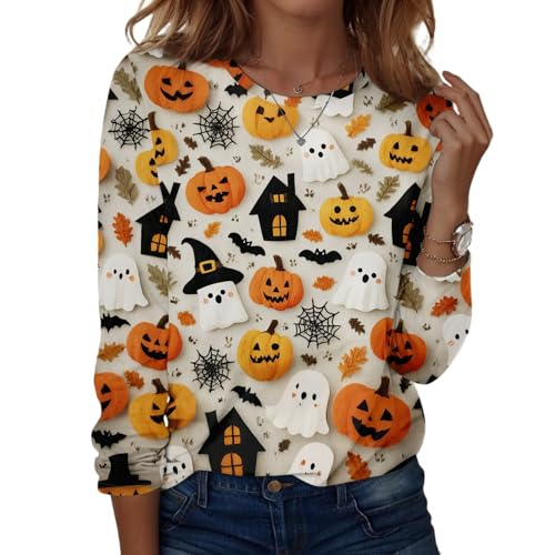 Halloween Shirts for Women Long Sleeve Plus Size Fashion Crewneck Comfortable Tshirts Halloween Costumes for Women