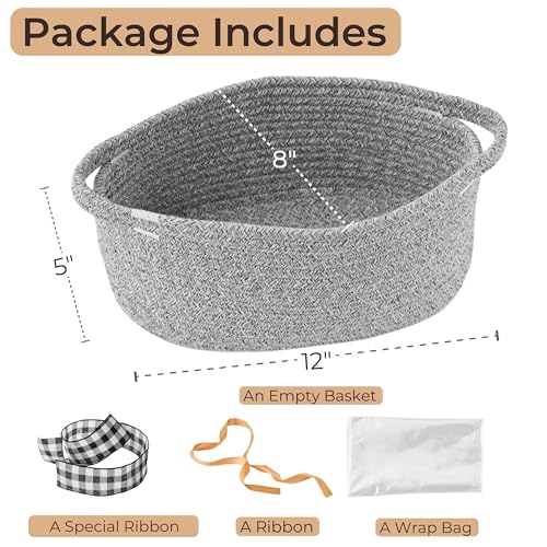 Image of Small Woven Gift Basket Empty with Bag & Ribbon, Storage Basket for Father's Day for Dad, Baby Shower, Raffle, Birthday, Cute Organizer with Handles, 12 inchx8 inchx5 inch, Gray /Black Check