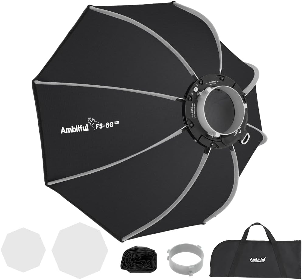 AMBITFUL FS60pro 23.6"/60cm Octagonal Softbox,Quick Release Bowens Mount Softbox with Diffusers/Honeycomb Grid/Carrying Bag