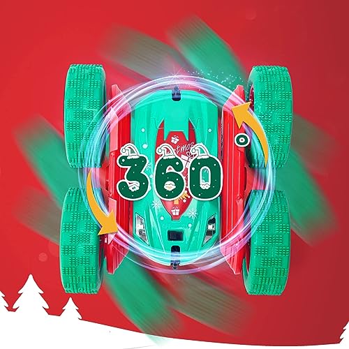 2PACK Christmas Style Remote Control Car RC Stunt Car for Kids,2.4Ghz High Speed Rock Crawler Vehicle,360 Rotating 4WD Off Road Double Sided Rotating Tumbling with 4 Rechargeable Battery，Red+Green