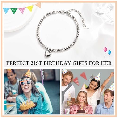 KORAS 21st Birthday Gifts for Her, Heart Charm Bracelet 21st Birthday Bracelet Gifts for 21 Year Old Girls, Women 21 Presents for Her