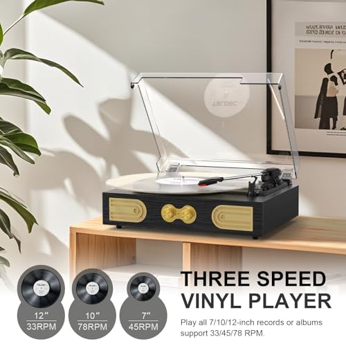 Image of Vinyl Record Player with Speakers, Bass Control, 3-Speed Turntable