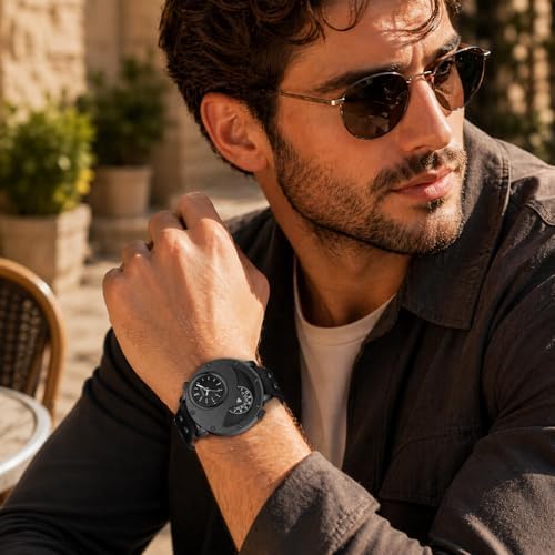 VTAIGE Men's Watch,Dual Time Wrist Watches for Men,Unique Analog Quartz Watch with Leather Strap Cool Design - 4