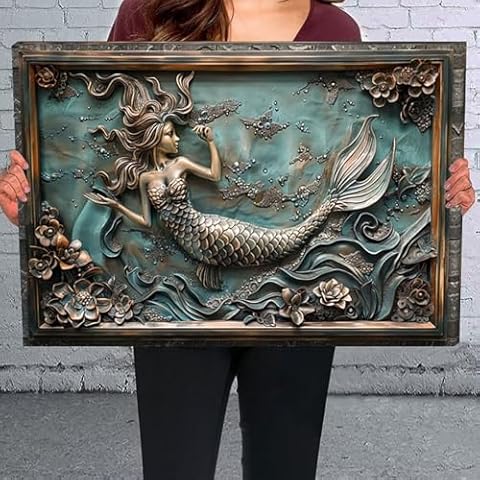SEMARY Mermaid FAKE 3D Effcet Canvas Wall Art - Bathroom Wall Decor, Office Decor for Artwork Print Posters For Living Room Bedroom Kitchen Framed Wall Art Ready To Hang - Z3323-16x24in Cover