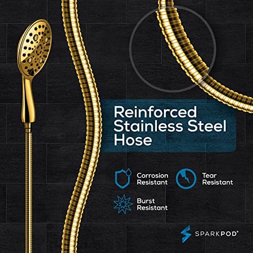 Sparkpod 6 Spray Setting High Pressure Hand Held Shower Head - 6" Wide Angle Handheld Shower Head Set With Brass Swivel Ball Bracket And 70 Inch Long Hose - Luxury Design (Egyptian Gold) #TOP6